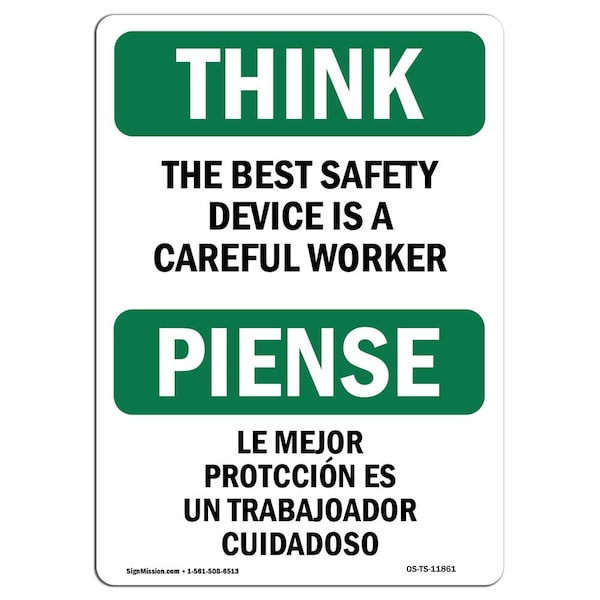 OSHA THINK Sign, Safety Device Careful Worker Bilingual, 10in X 7in Aluminum, 7" W, 10" L, Landscape